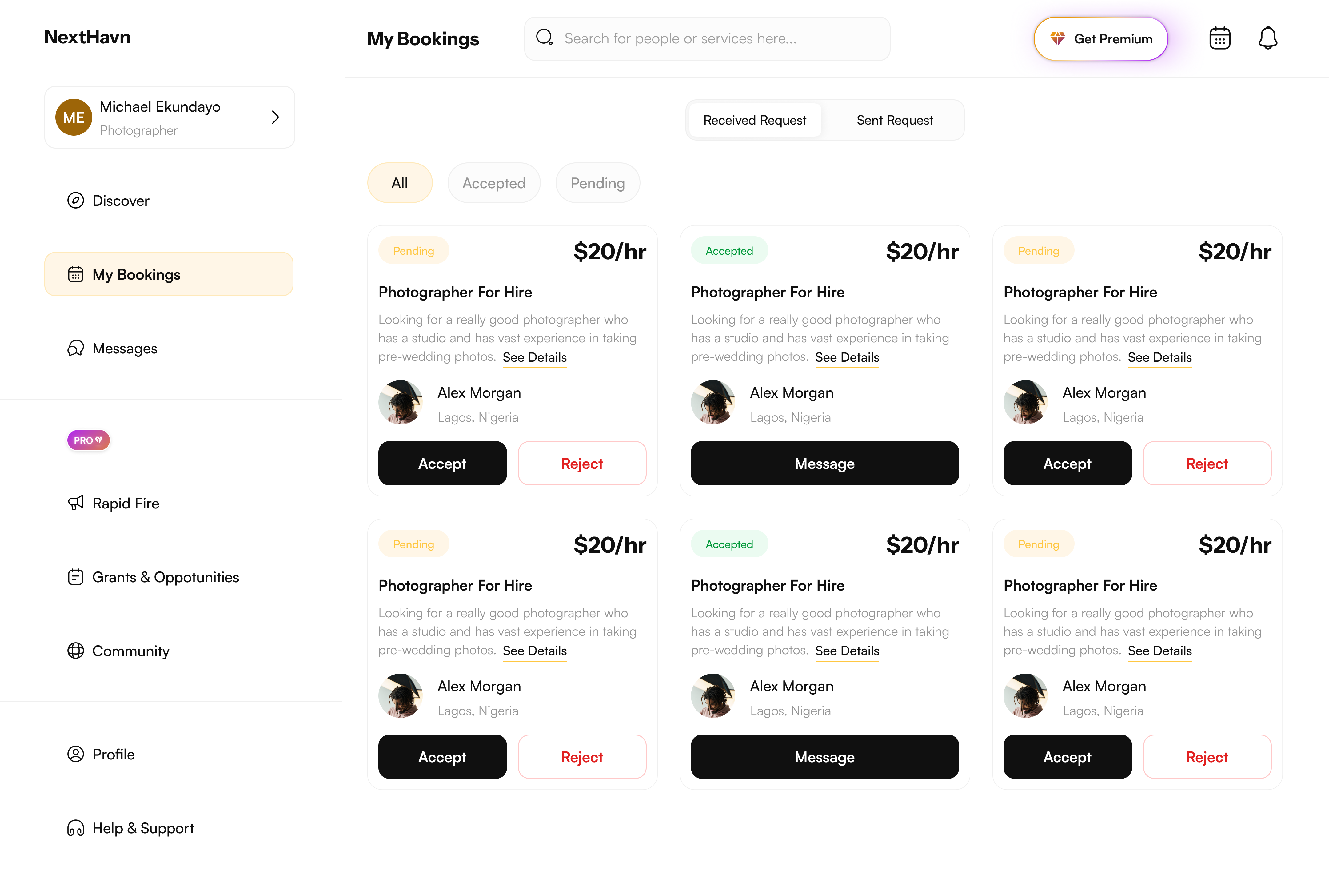 NextHavn my bookings — received requests